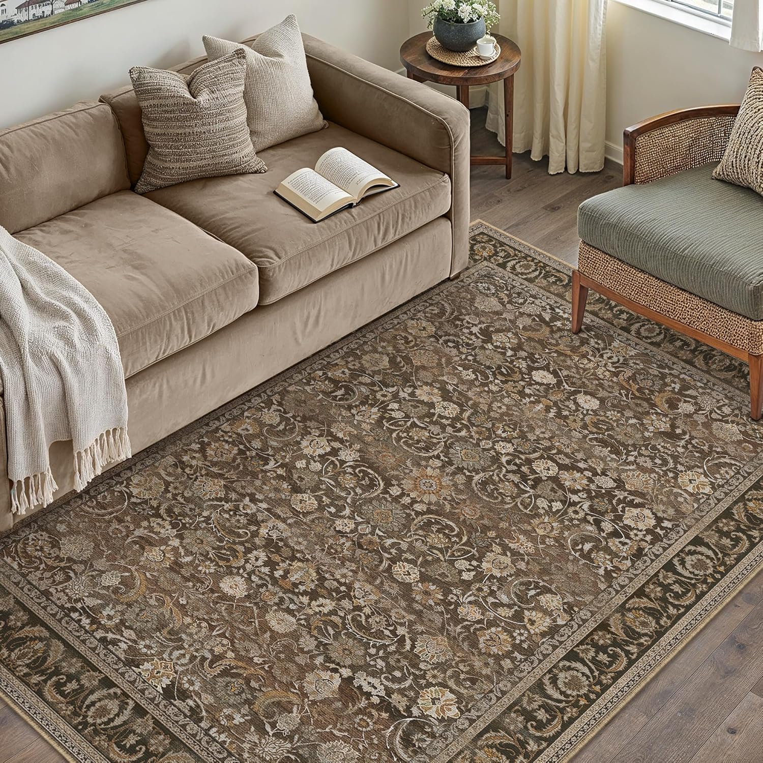 Green 8x10 Area Rug for Living Room Vintage Machine Washable Large Rug Non-Slip Soft Low Pile Carpet Floral Stain Resistant Indoor Office Throw Rug for Bedroom Dining Room Nursery