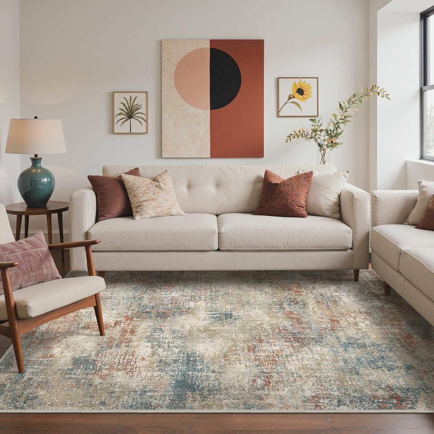 Machine Washable Rug 8x10 Area Rugs for Living Room Bedroom, Large Turquoise Abstract Area Rug Soft Throw Rugs, Low-Pile Floor Carpet with Non Slip Rubber Backing