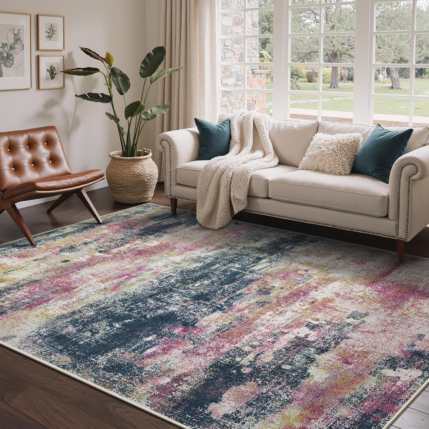 Machine Washable Rug 8x10 Area Rugs for Living Room Bedroom, Large Turquoise Abstract Area Rug Soft Throw Rugs, Low-Pile Floor Carpet with Non Slip Rubber Backing