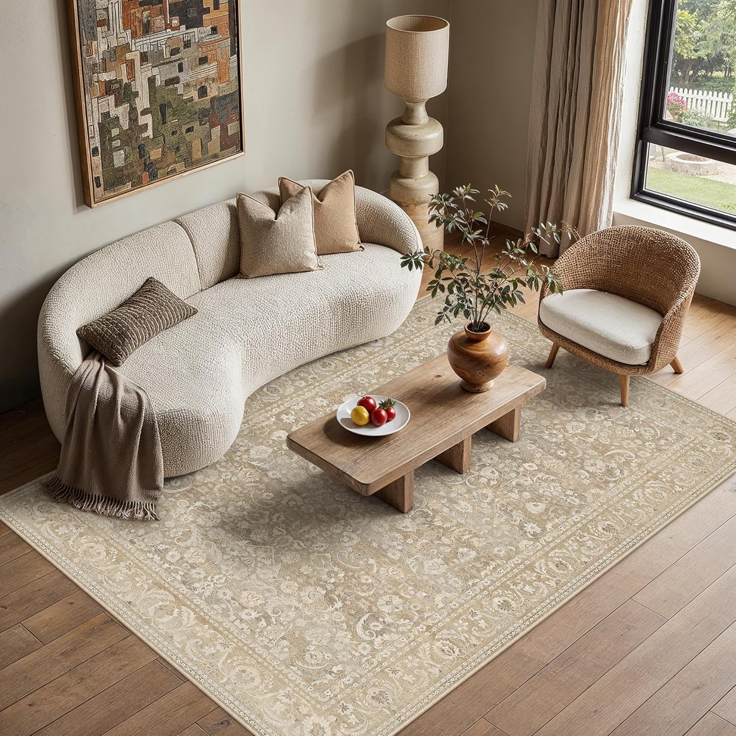 Green 8x10 Area Rug for Living Room Vintage Machine Washable Large Rug Non-Slip Soft Low Pile Carpet Floral Stain Resistant Indoor Office Throw Rug for Bedroom Dining Room Nursery