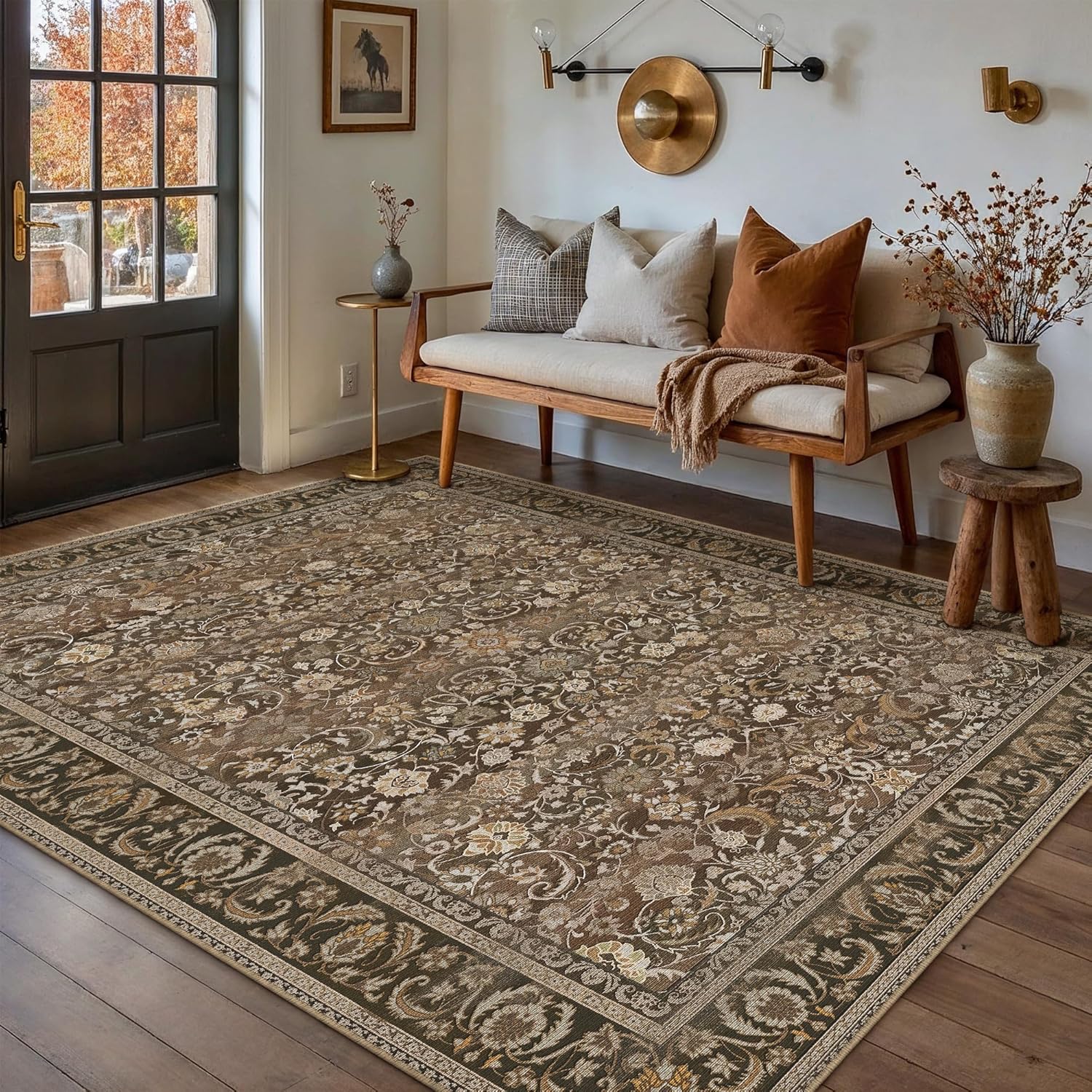 Green 8x10 Area Rug for Living Room Vintage Machine Washable Large Rug Non-Slip Soft Low Pile Carpet Floral Stain Resistant Indoor Office Throw Rug for Bedroom Dining Room Nursery