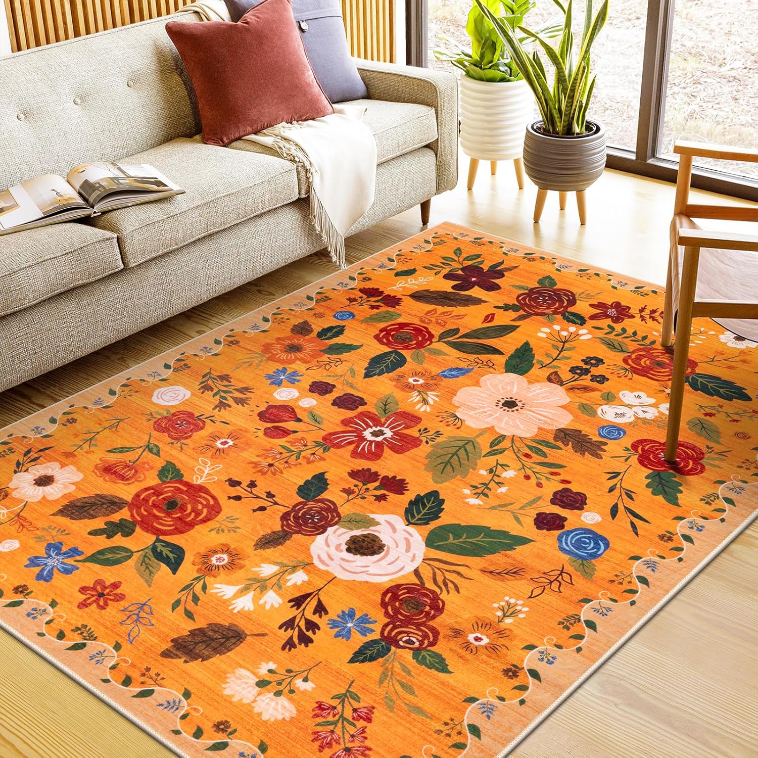 U'Artlines Boho Vintage Area Rug 8x10 Machine Washable Low Pile Soft Floor Carpet Non Slip Non Shedding Accent Rug for Living Room Bedroom Entryway Dining Room Office Cream Tan