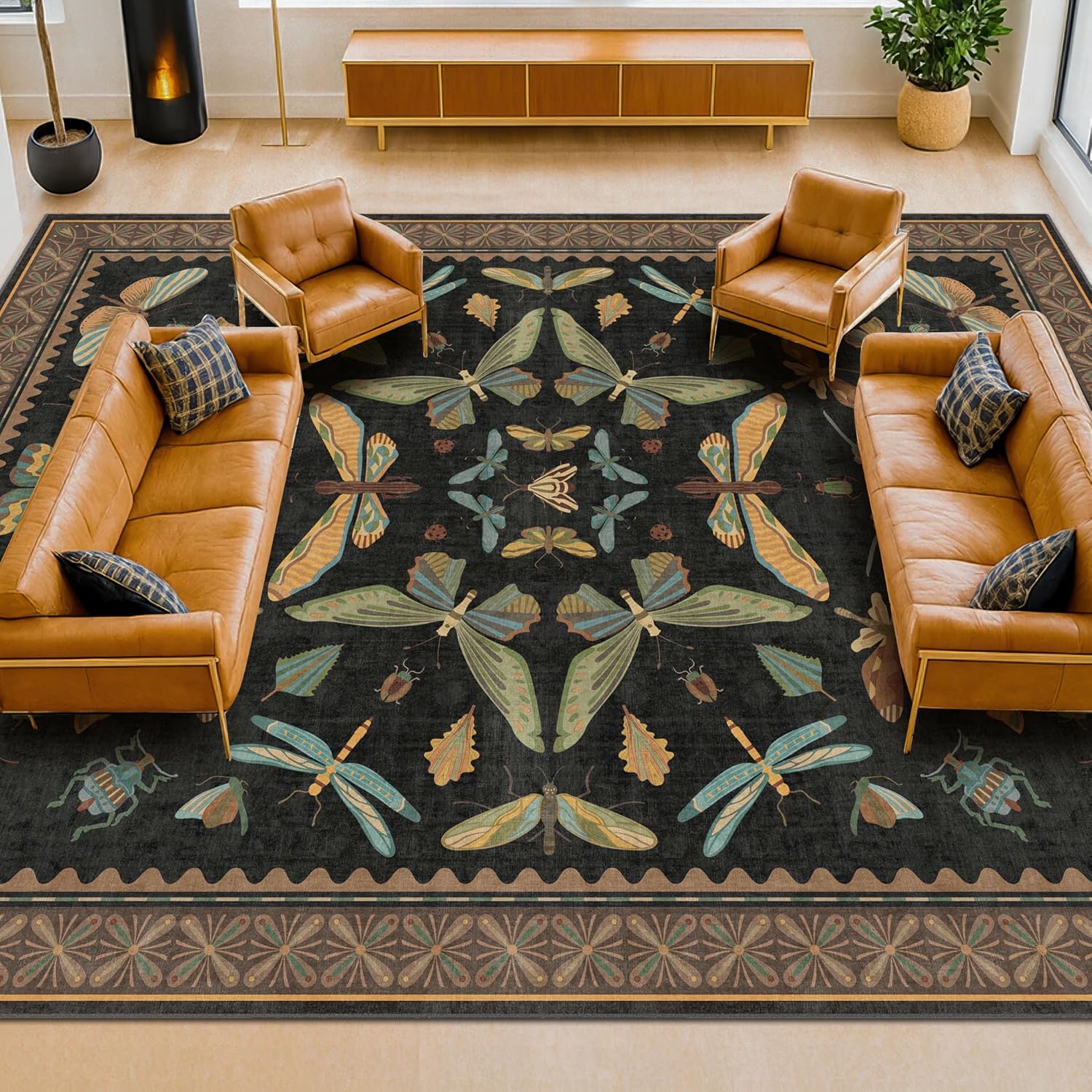 Living Room Rug Black Boho 6x9 - Dining Room Rugs for Under Table, Bedroom, Insect Bug Eclectic Home Décor, Washable Non Slip Foldable