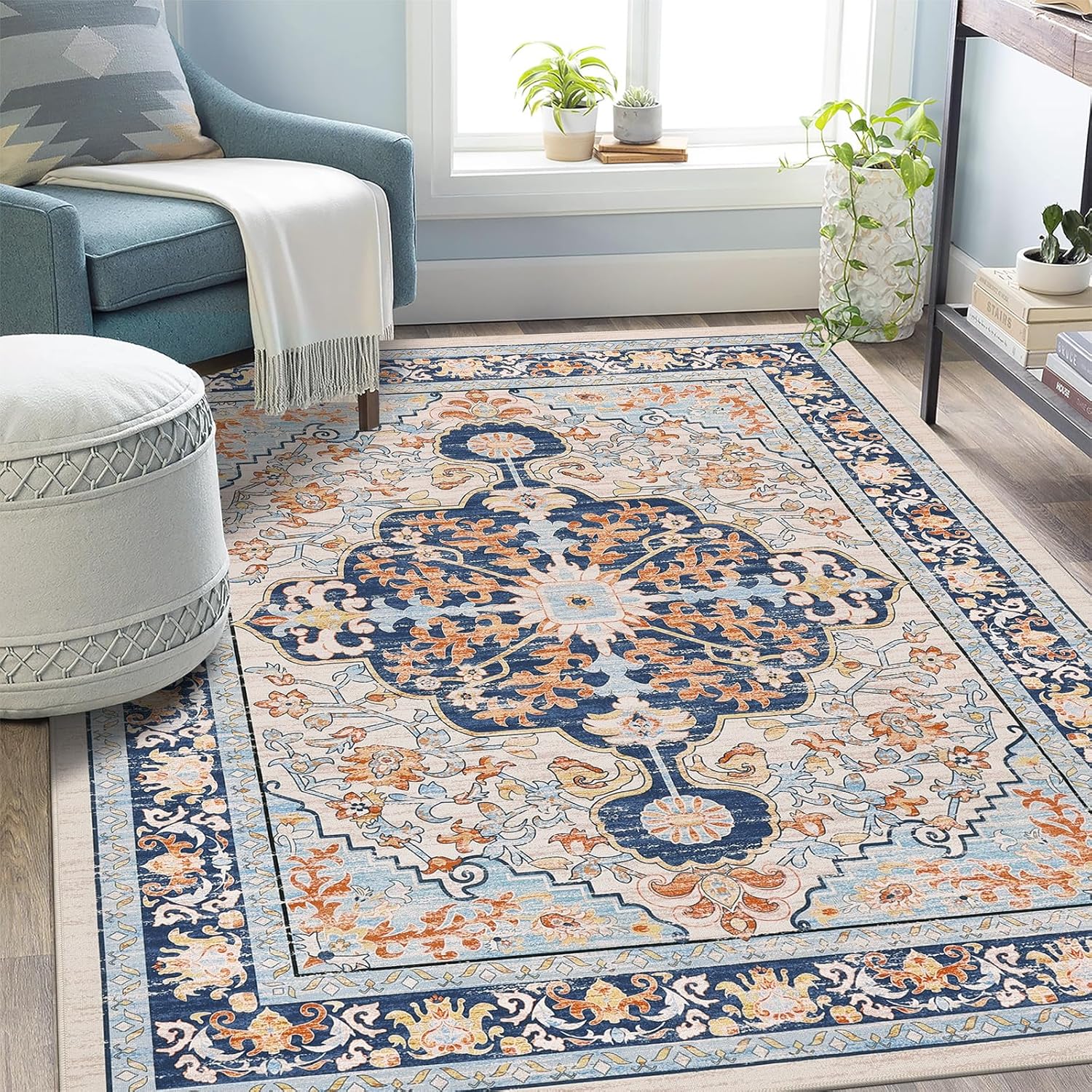 U'Artlines Boho Vintage Area Rug 8x10 Machine Washable Low Pile Soft Floor Carpet Non Slip Non Shedding Accent Rug for Living Room Bedroom Entryway Dining Room Office Cream Tan