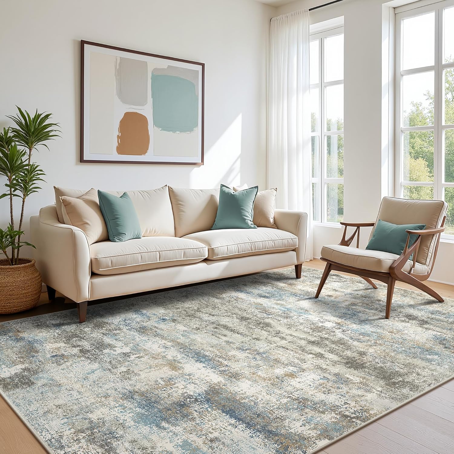 Machine Washable Rug 8x10 Area Rugs for Living Room Bedroom, Large Turquoise Abstract Area Rug Soft Throw Rugs, Low-Pile Floor Carpet with Non Slip Rubber Backing