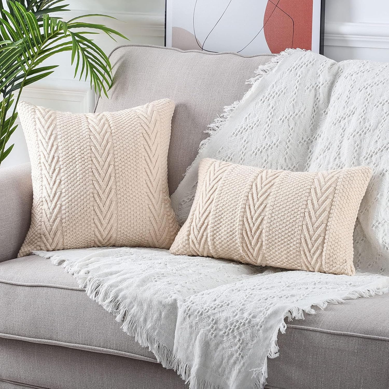 MANDIOO Cotton Knitted Decorative Throw Pillow Covers Soft Cozy Outdoor Cushion Cases Luxury Modern Pillowcases for Couch Sofa Bed 24x24 Inches Beige