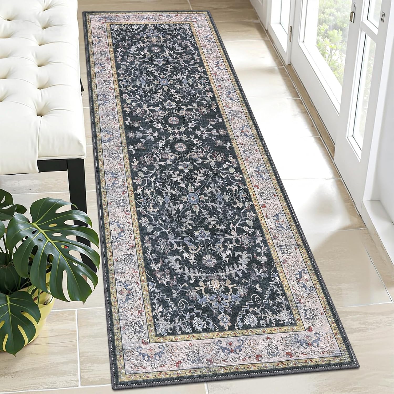 U'Artlines Boho Vintage Area Rug 8x10 Machine Washable Low Pile Soft Floor Carpet Non Slip Non Shedding Accent Rug for Living Room Bedroom Entryway Dining Room Office Cream Tan