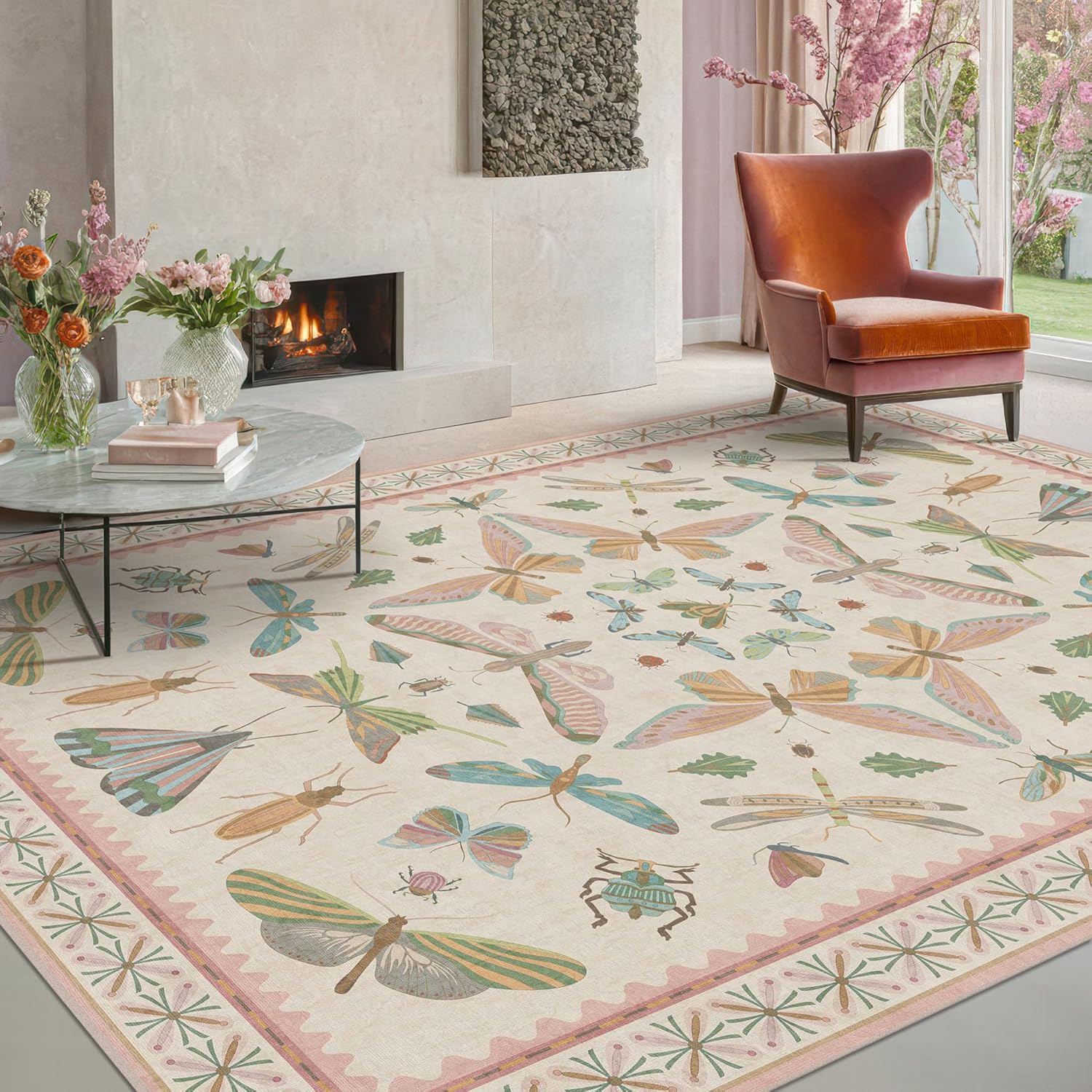 Living Room Rug Black Boho 6x9 - Dining Room Rugs for Under Table, Bedroom, Insect Bug Eclectic Home Décor, Washable Non Slip Foldable