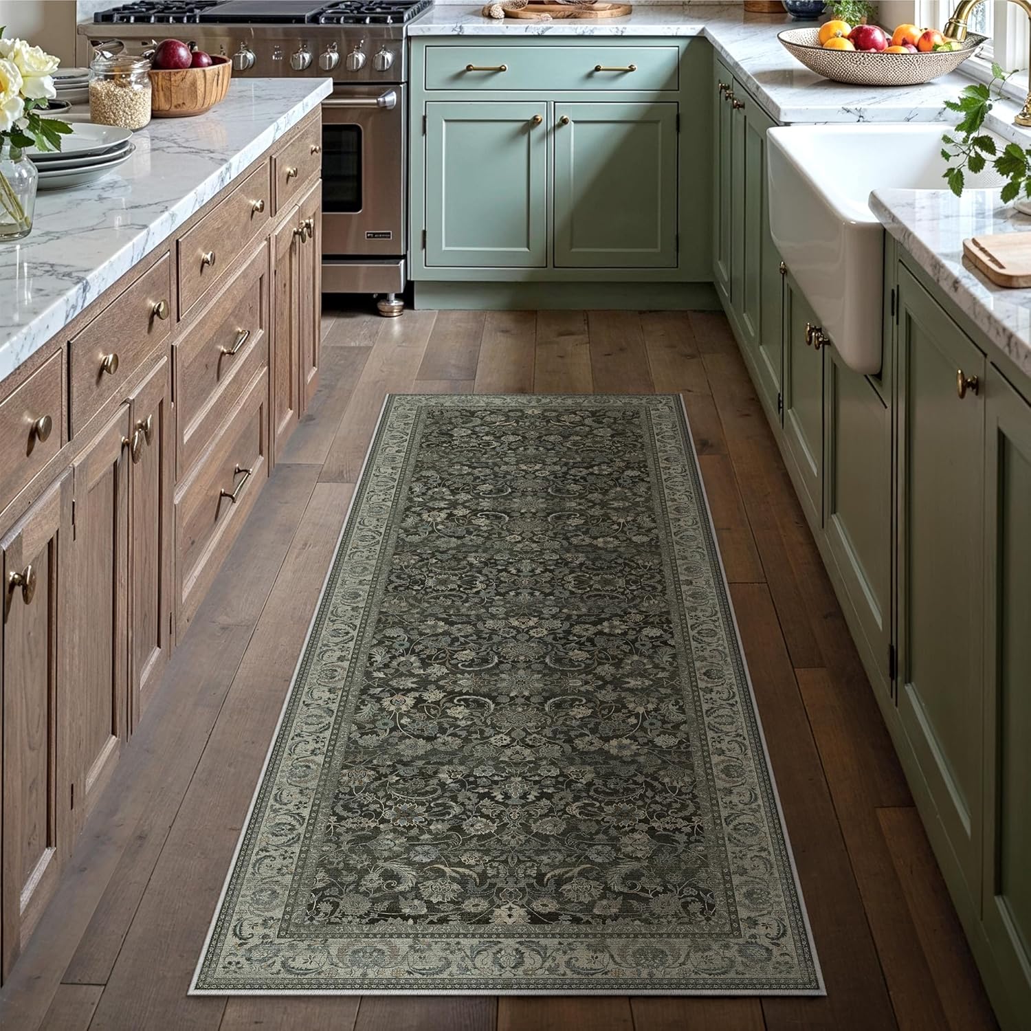 Green 8x10 Area Rug for Living Room Vintage Machine Washable Large Rug Non-Slip Soft Low Pile Carpet Floral Stain Resistant Indoor Office Throw Rug for Bedroom Dining Room Nursery