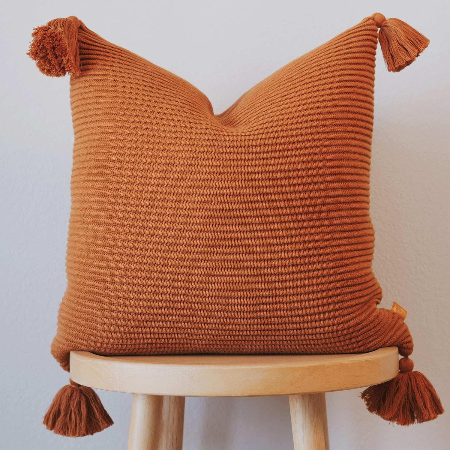 Soft Cotton Throw Pillow Cover in Neutral Beige with Ribbed Knit Texture and Tassel Corners Decorative Accent for Couch or Bed (20x20, Neutral)