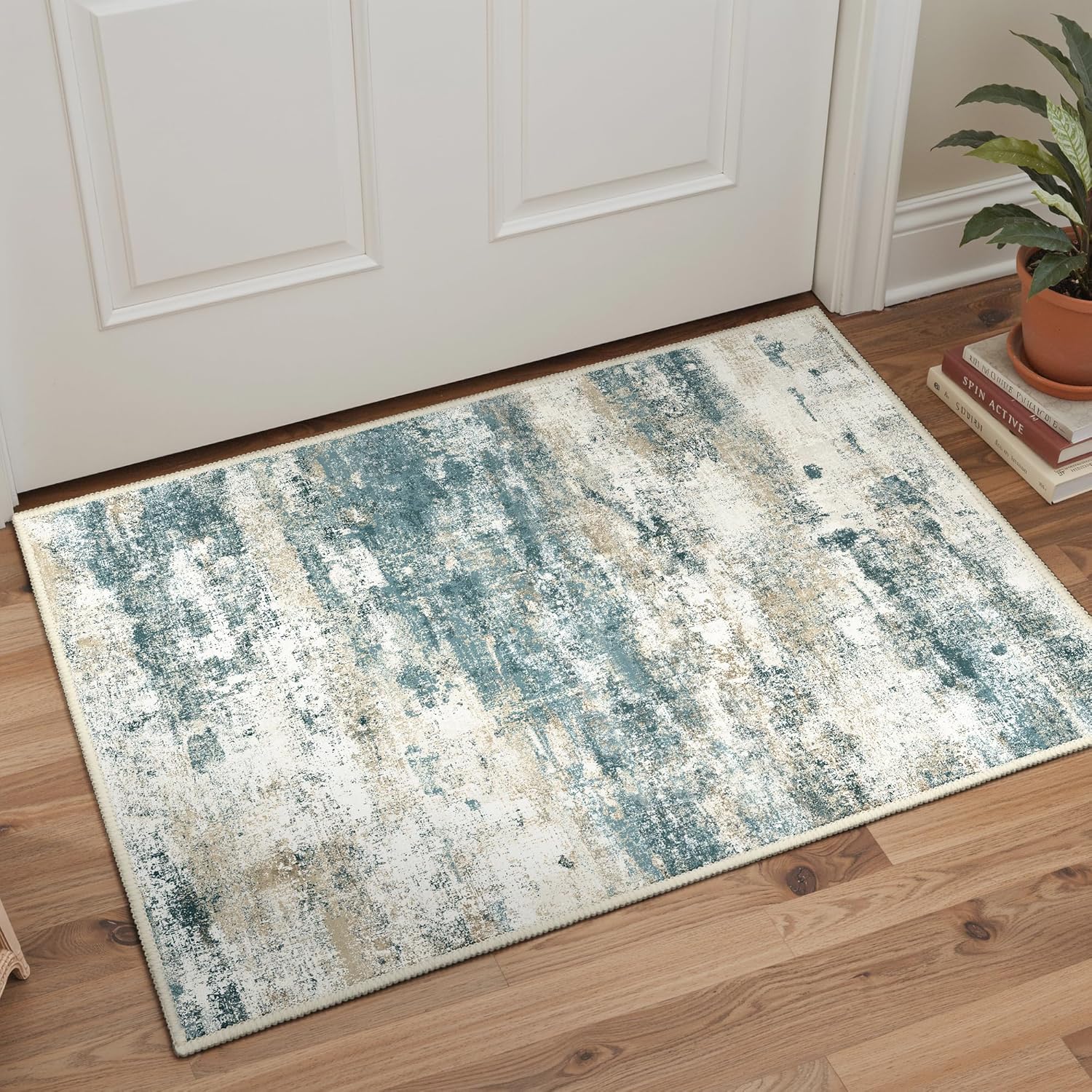 Machine Washable Rug 8x10 Area Rugs for Living Room Bedroom, Large Turquoise Abstract Area Rug Soft Throw Rugs, Low-Pile Floor Carpet with Non Slip Rubber Backing