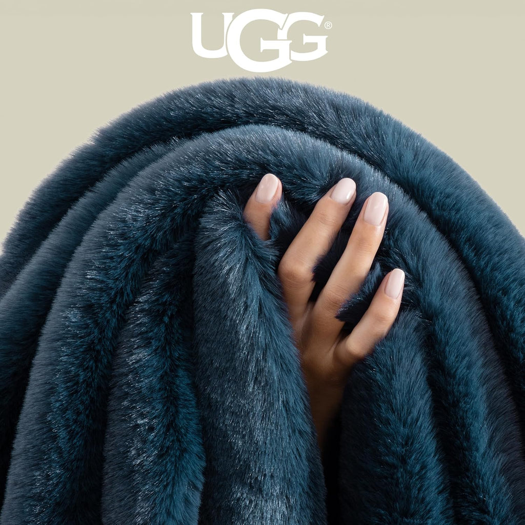 UGG Euphoria Faux Fur Throw Blanket, Soft Warm Throw Blankets for Couch or Bed, Luxury Bedroom Decor, Giftable Fuzzy Blankets, Machine Washable, 50-inch x 70-inch, Indigo Blue