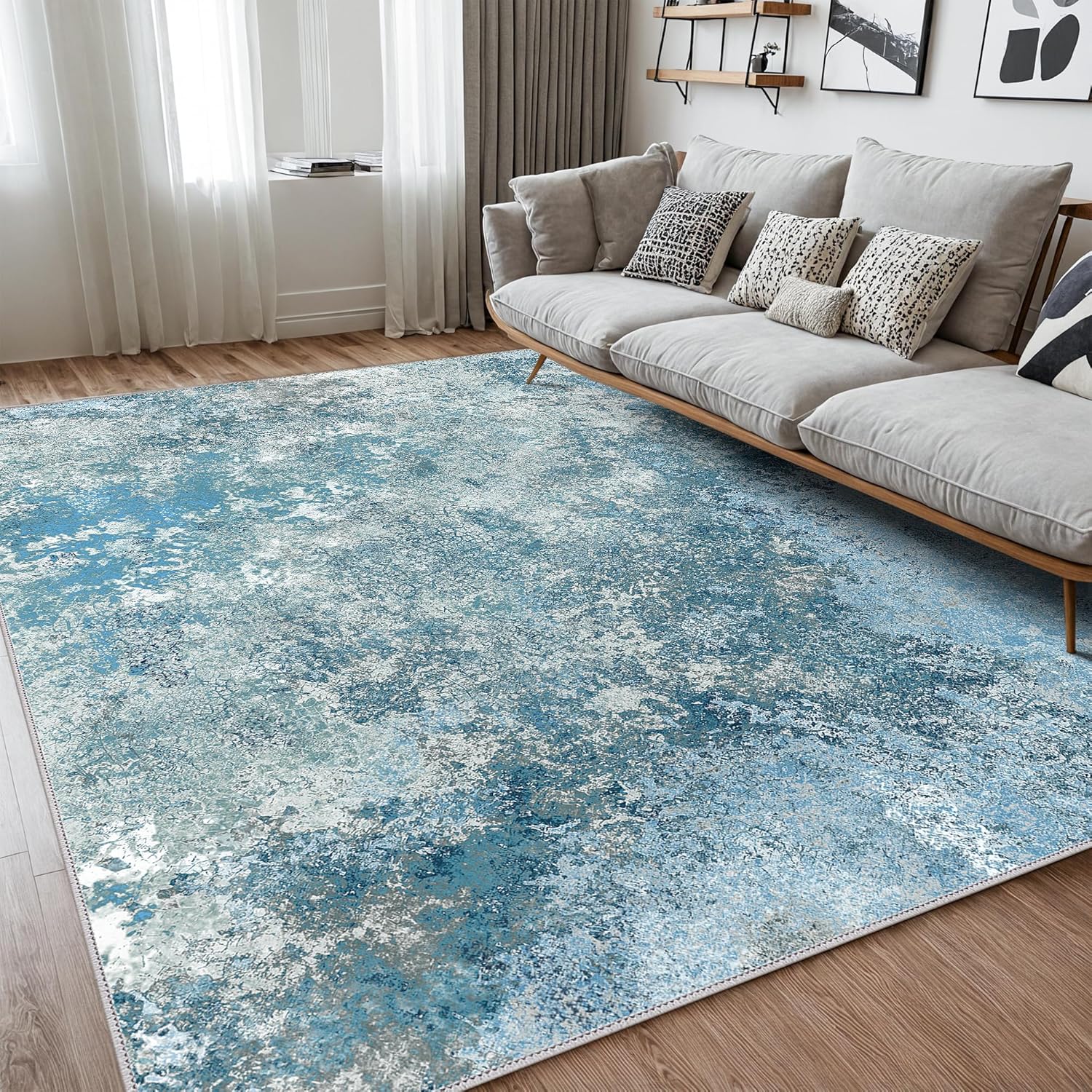 Machine Washable Rug 8x10 Area Rugs for Living Room Bedroom, Large Turquoise Abstract Area Rug Soft Throw Rugs, Low-Pile Floor Carpet with Non Slip Rubber Backing
