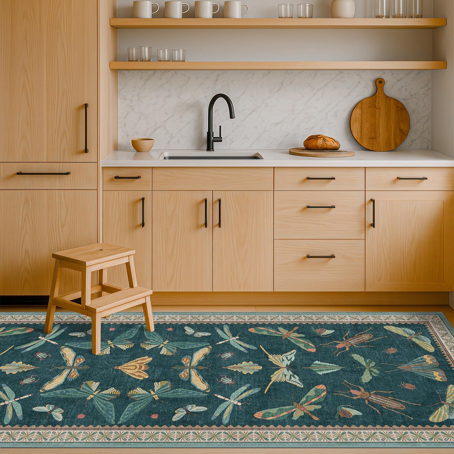 Living Room Rug Black Boho 6x9 - Dining Room Rugs for Under Table, Bedroom, Insect Bug Eclectic Home Décor, Washable Non Slip Foldable