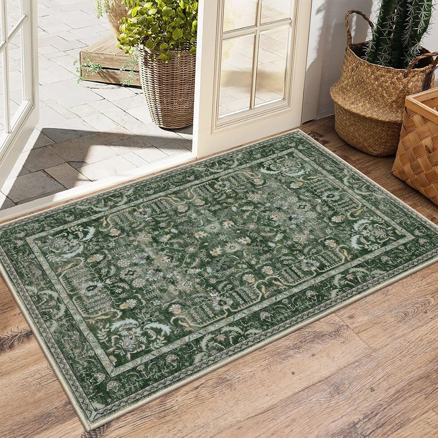 U'Artlines Boho Vintage Area Rug 8x10 Machine Washable Low Pile Soft Floor Carpet Non Slip Non Shedding Accent Rug for Living Room Bedroom Entryway Dining Room Office Cream Tan