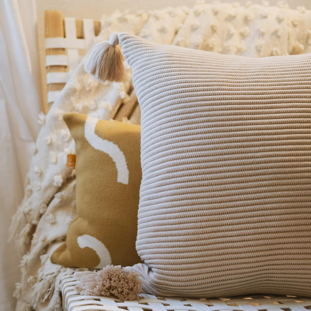 Soft Cotton Throw Pillow Cover in Neutral Beige with Ribbed Knit Texture and Tassel Corners Decorative Accent for Couch or Bed (20x20, Neutral)
