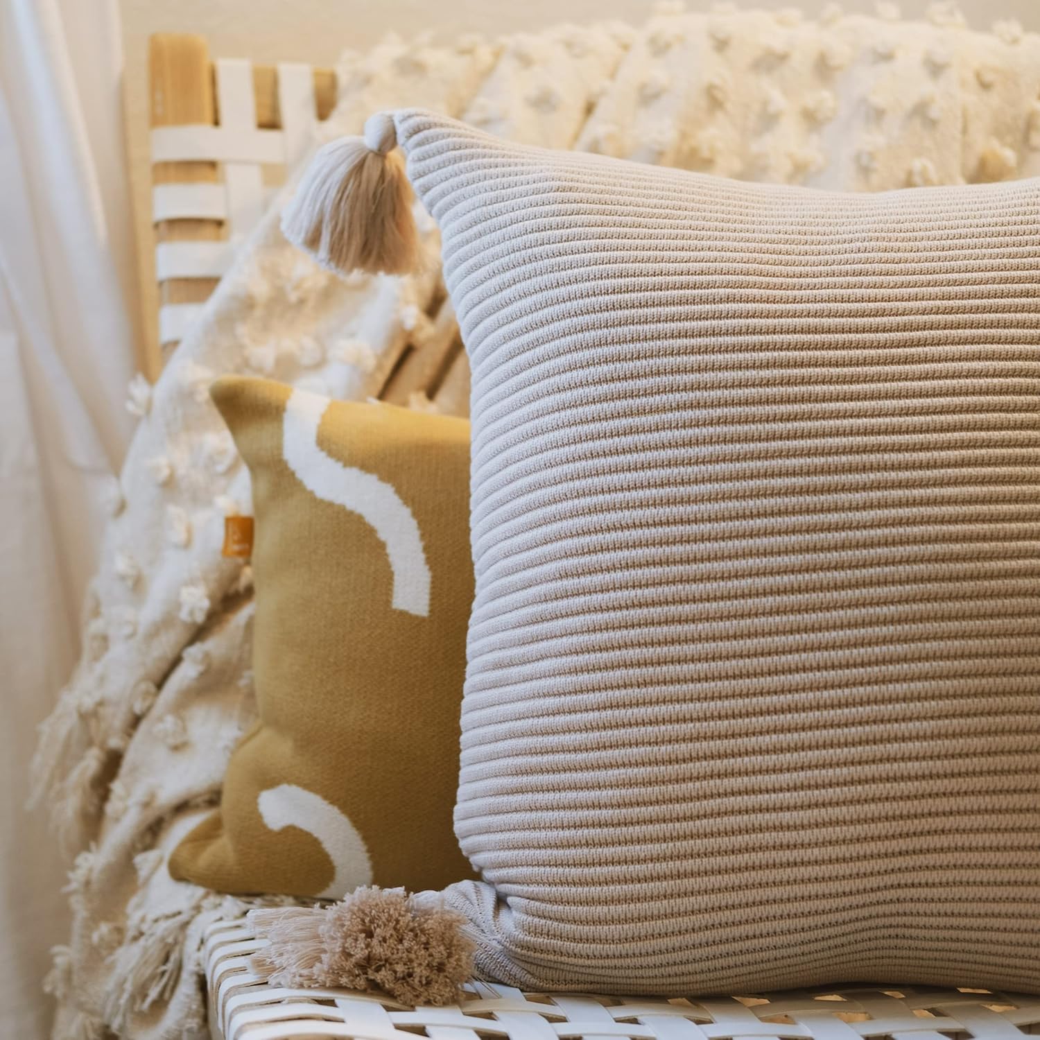 Soft Cotton Throw Pillow Cover in Neutral Beige with Ribbed Knit Texture and Tassel Corners Decorative Accent for Couch or Bed (20x20, Neutral)