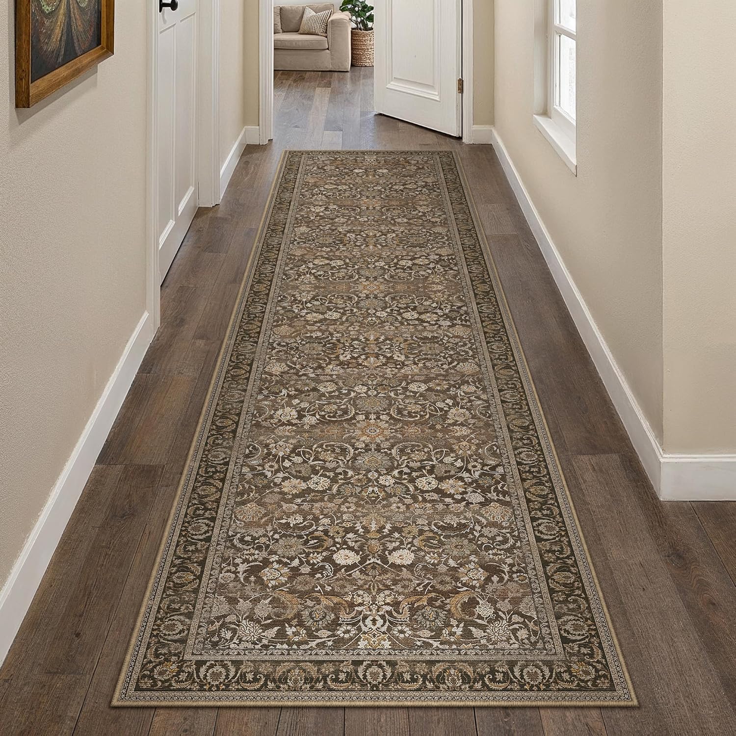 Green 8x10 Area Rug for Living Room Vintage Machine Washable Large Rug Non-Slip Soft Low Pile Carpet Floral Stain Resistant Indoor Office Throw Rug for Bedroom Dining Room Nursery