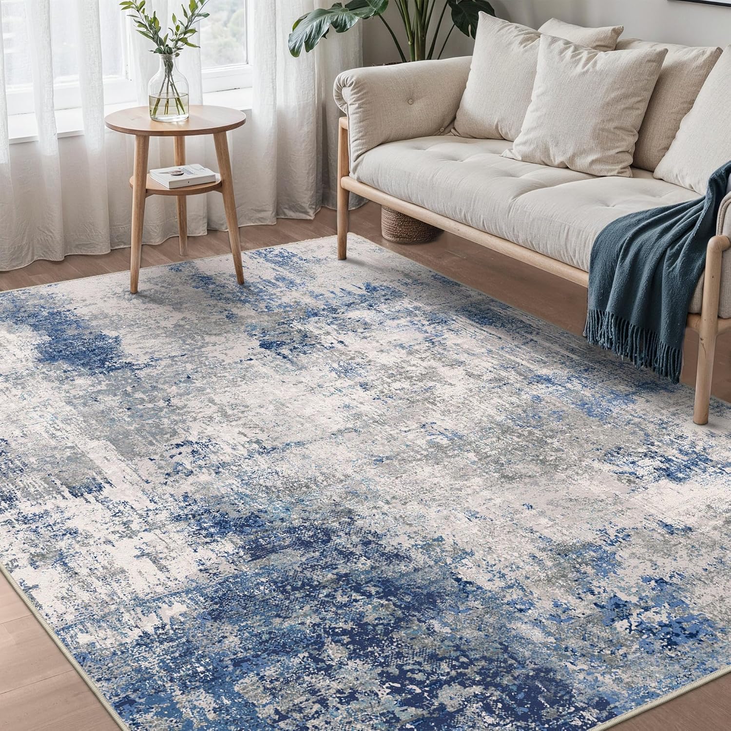 Machine Washable Rug 8x10 Area Rugs for Living Room Bedroom, Large Turquoise Abstract Area Rug Soft Throw Rugs, Low-Pile Floor Carpet with Non Slip Rubber Backing