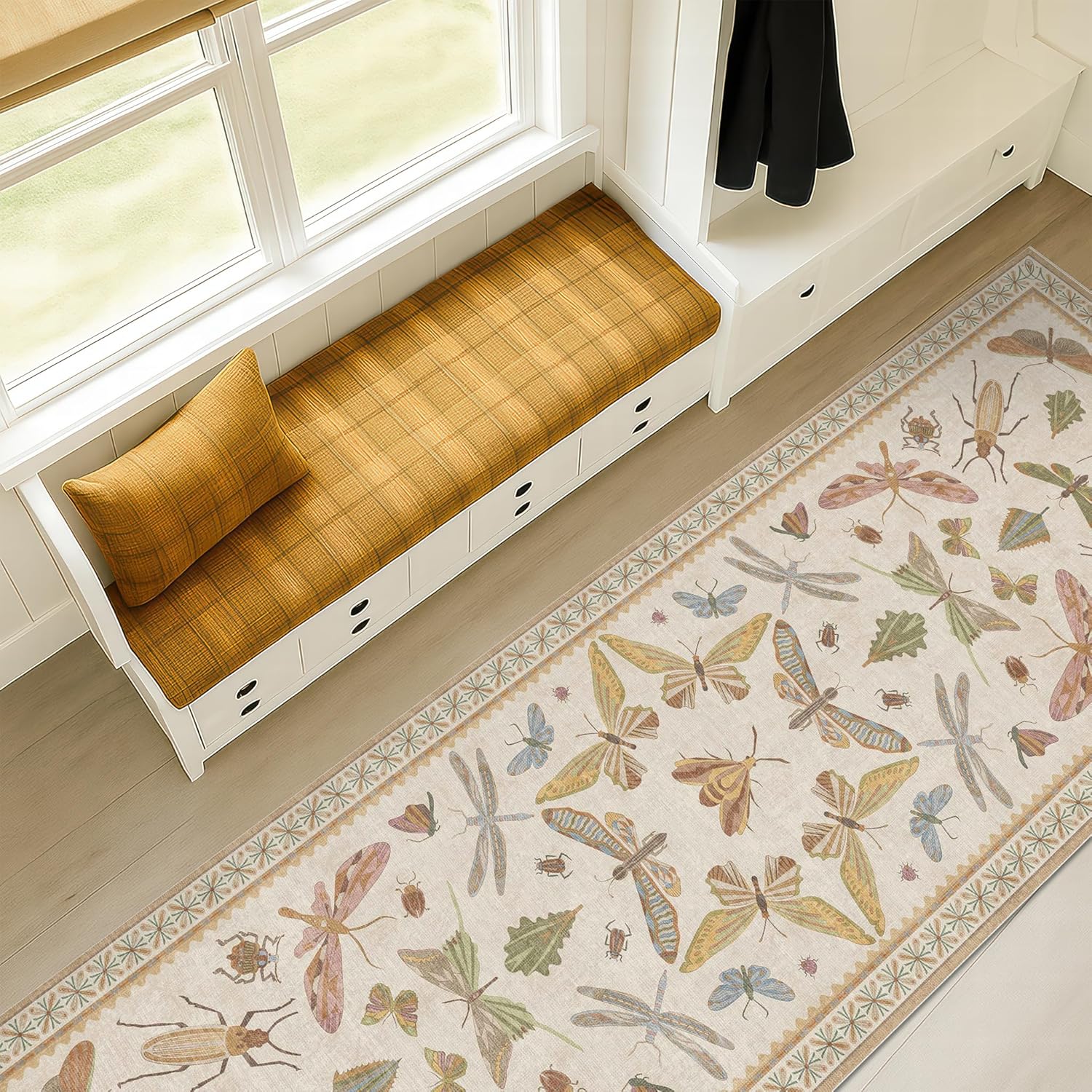 Living Room Rug Black Boho 6x9 - Dining Room Rugs for Under Table, Bedroom, Insect Bug Eclectic Home Décor, Washable Non Slip Foldable