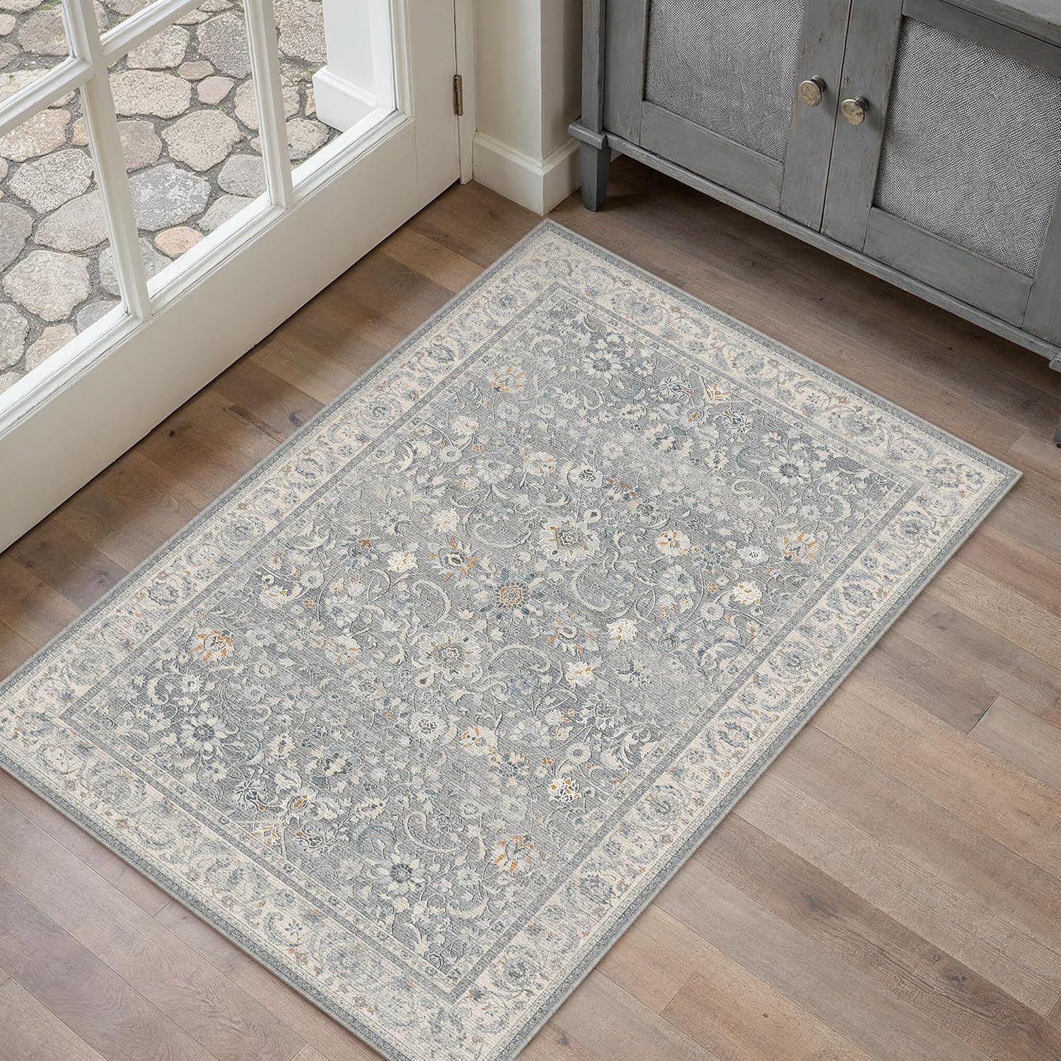 Green 8x10 Area Rug for Living Room Vintage Machine Washable Large Rug Non-Slip Soft Low Pile Carpet Floral Stain Resistant Indoor Office Throw Rug for Bedroom Dining Room Nursery