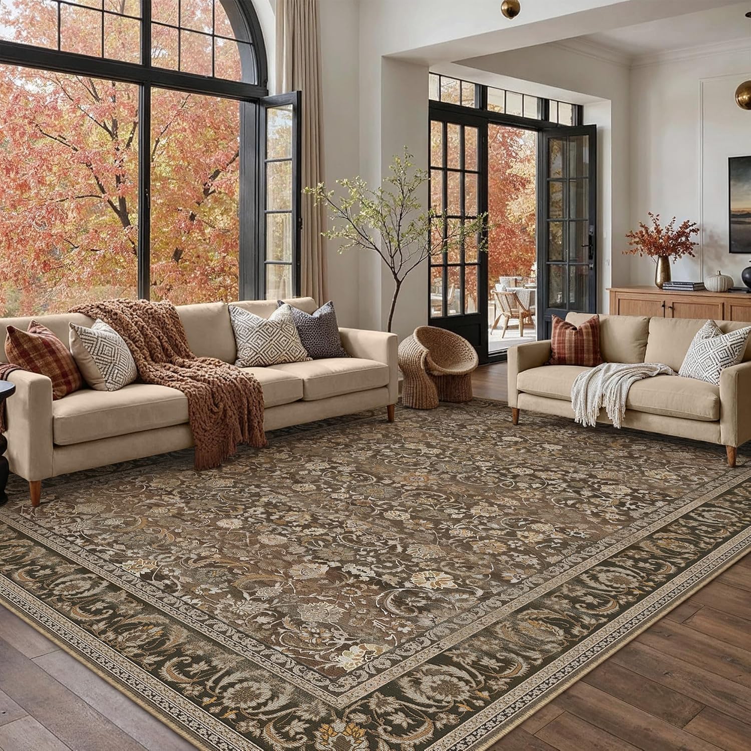 Green 8x10 Area Rug for Living Room Vintage Machine Washable Large Rug Non-Slip Soft Low Pile Carpet Floral Stain Resistant Indoor Office Throw Rug for Bedroom Dining Room Nursery