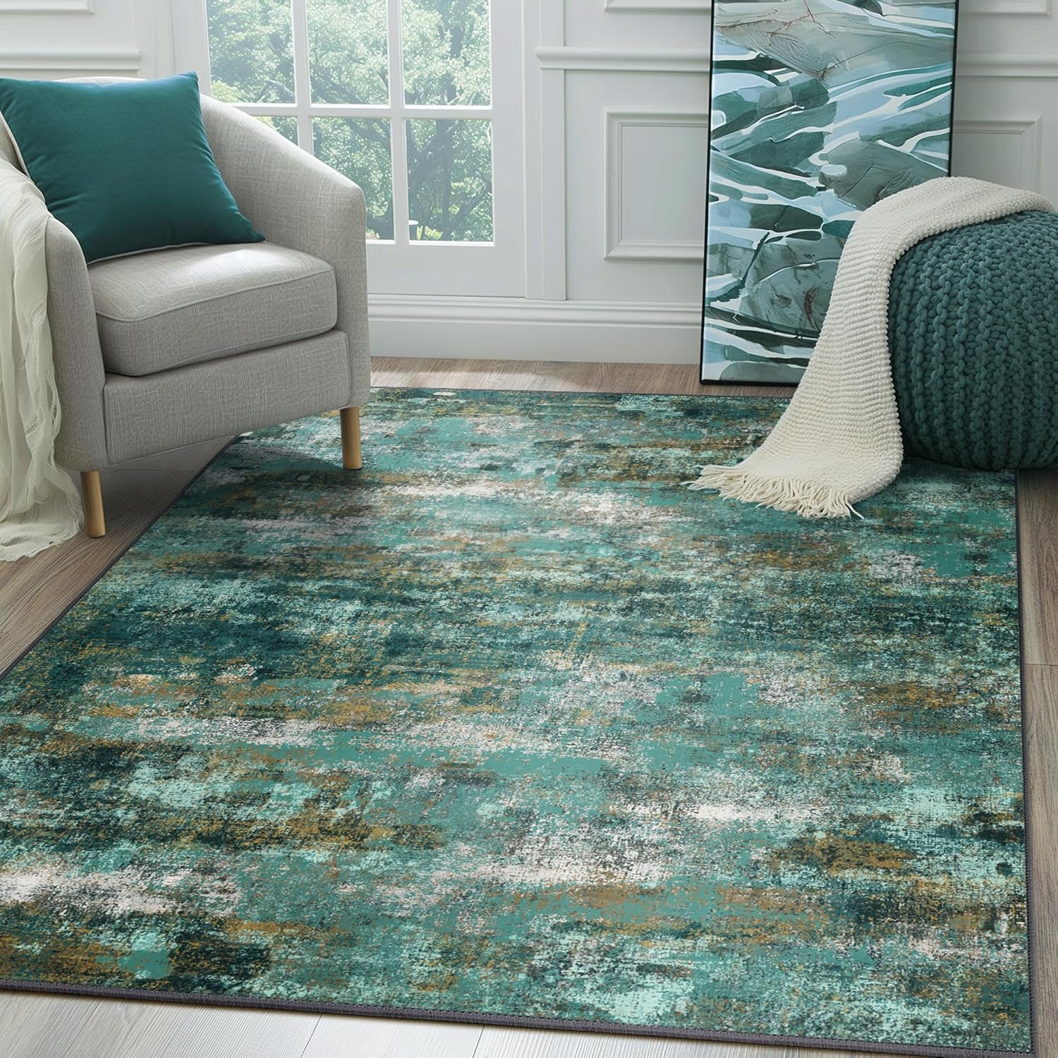 Machine Washable Rug 8x10 Area Rugs for Living Room Bedroom, Large Turquoise Abstract Area Rug Soft Throw Rugs, Low-Pile Floor Carpet with Non Slip Rubber Backing