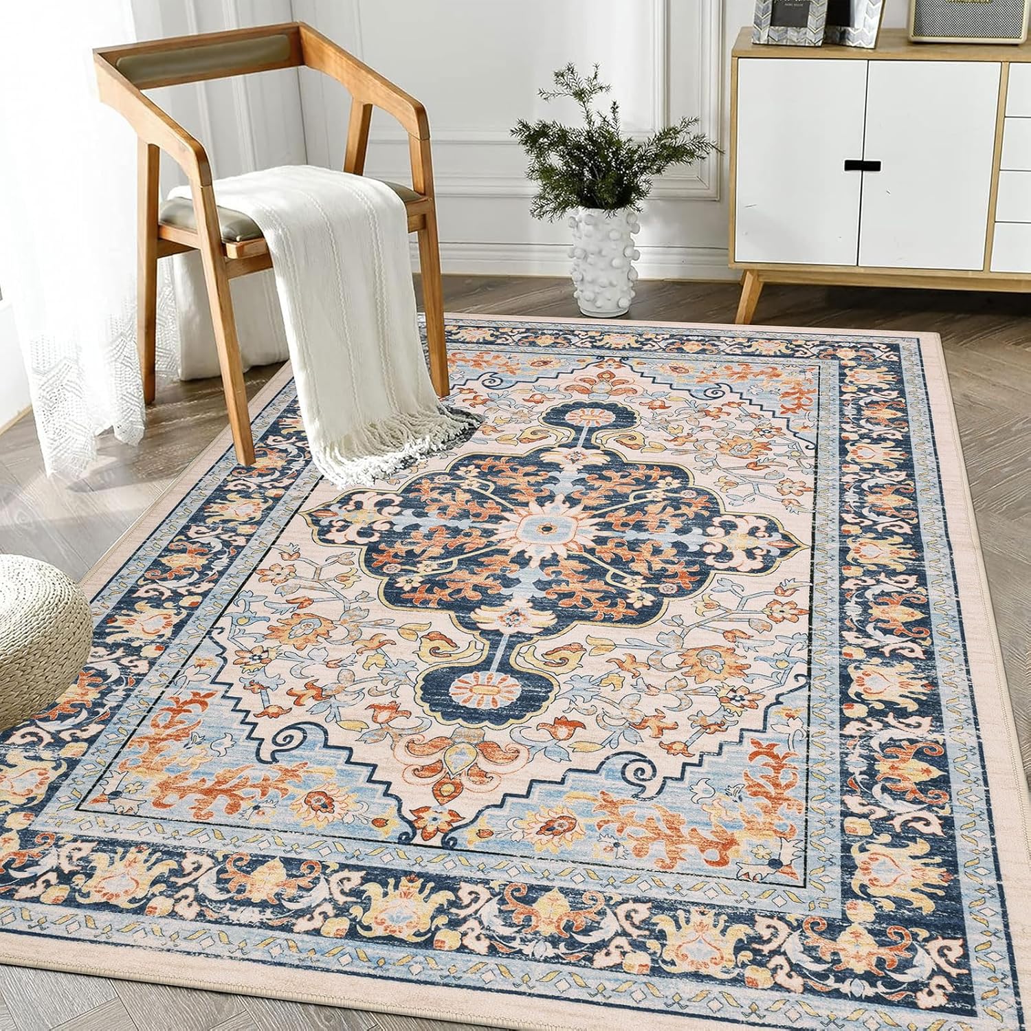 U'Artlines Boho Vintage Area Rug 8x10 Machine Washable Low Pile Soft Floor Carpet Non Slip Non Shedding Accent Rug for Living Room Bedroom Entryway Dining Room Office Cream Tan