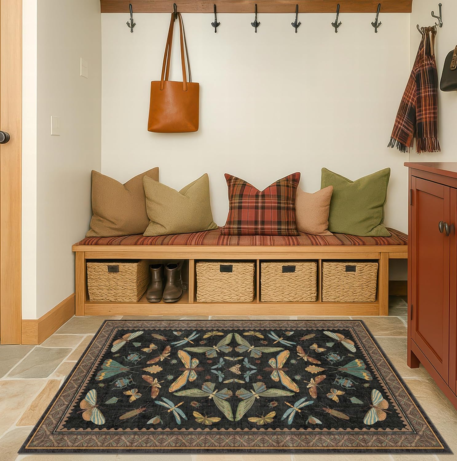 Living Room Rug Black Boho 6x9 - Dining Room Rugs for Under Table, Bedroom, Insect Bug Eclectic Home Décor, Washable Non Slip Foldable