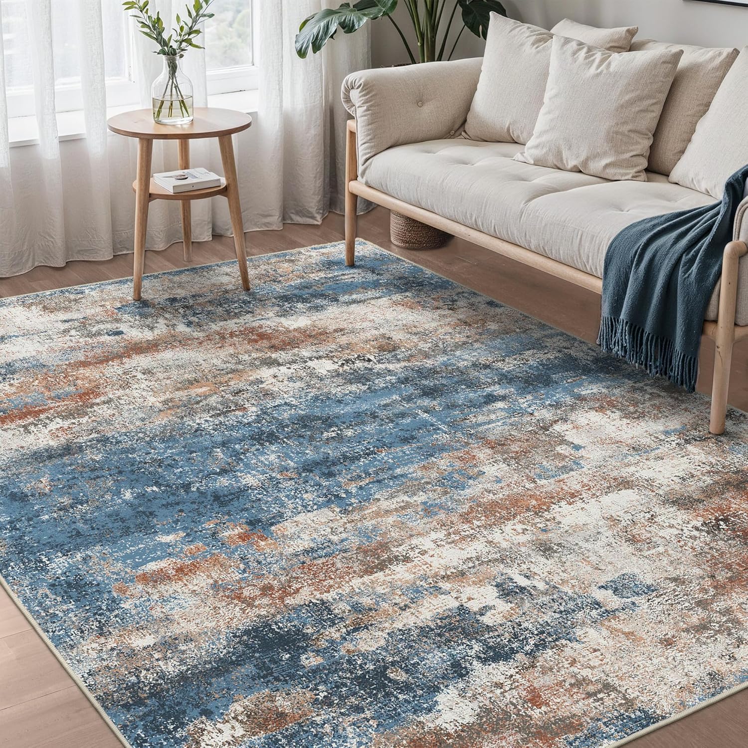 Machine Washable Rug 8x10 Area Rugs for Living Room Bedroom, Large Turquoise Abstract Area Rug Soft Throw Rugs, Low-Pile Floor Carpet with Non Slip Rubber Backing