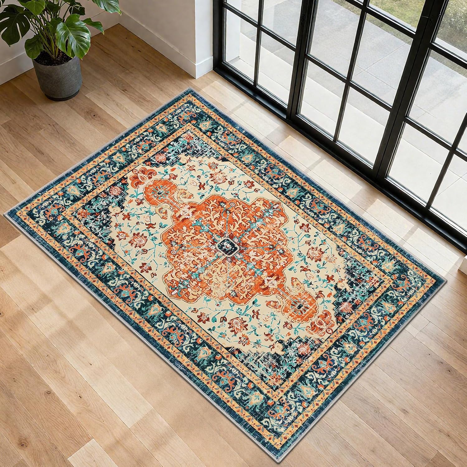 U'Artlines Boho Vintage Area Rug 8x10 Machine Washable Low Pile Soft Floor Carpet Non Slip Non Shedding Accent Rug for Living Room Bedroom Entryway Dining Room Office Cream Tan