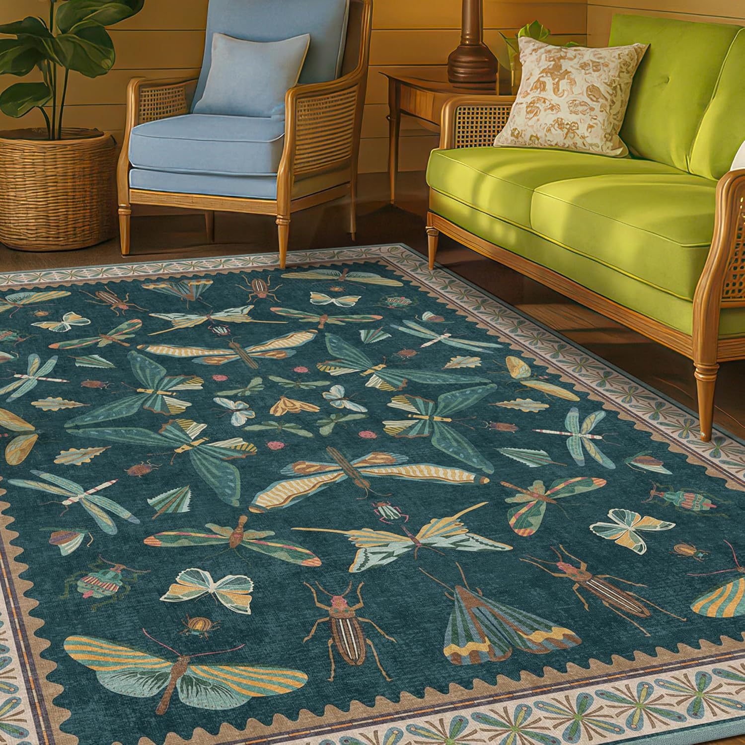 Living Room Rug Black Boho 6x9 - Dining Room Rugs for Under Table, Bedroom, Insect Bug Eclectic Home Décor, Washable Non Slip Foldable