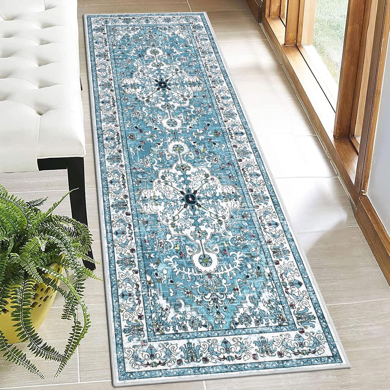 U'Artlines Boho Vintage Area Rug 8x10 Machine Washable Low Pile Soft Floor Carpet Non Slip Non Shedding Accent Rug for Living Room Bedroom Entryway Dining Room Office Cream Tan