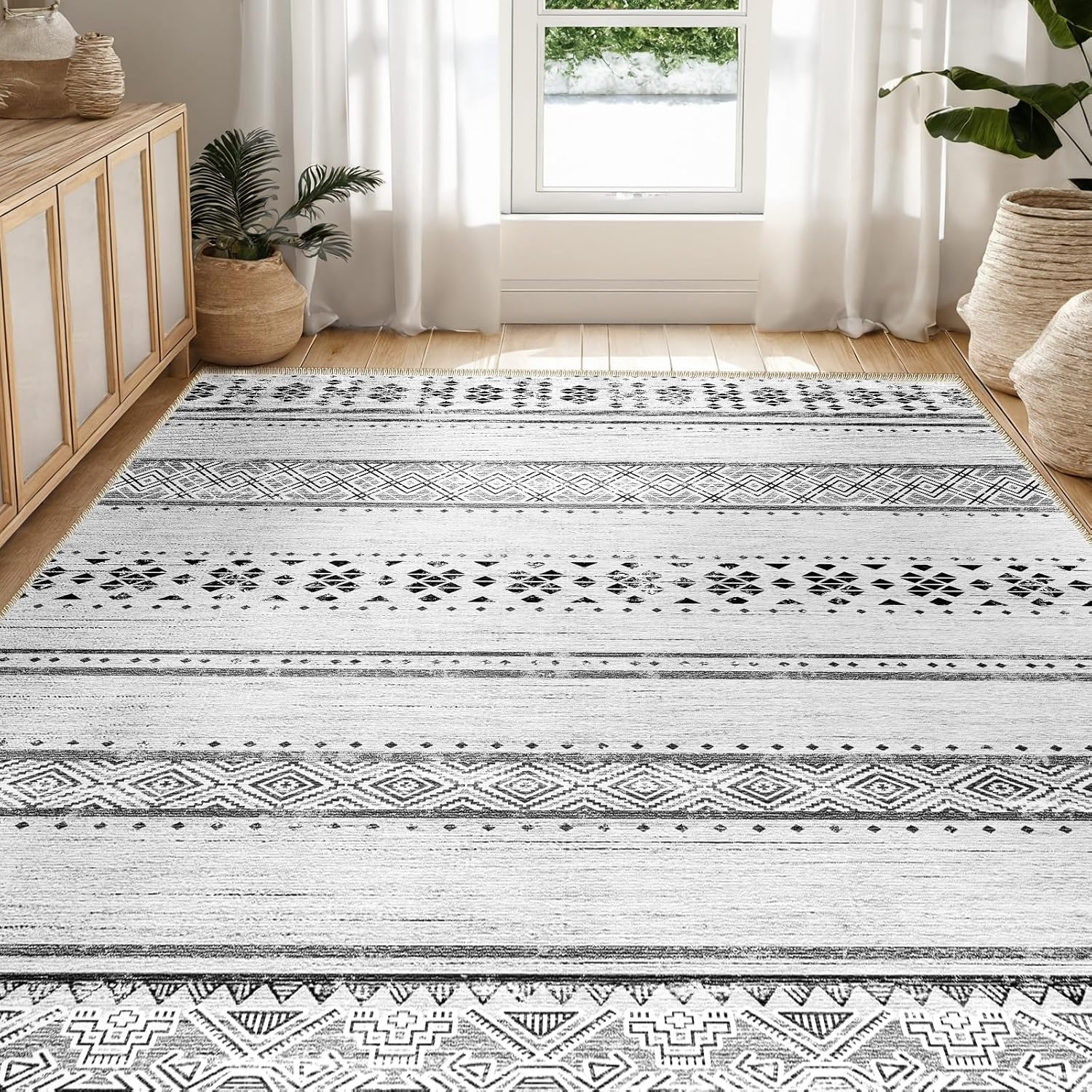 BESTSWEETIE 8x10 Area Rugs for Living Room Washable Moroccan Farmhouse Neutral Geometric Low Pile Non-Slip Soft Print Pattern Rug for Bedroom Kitchen Dining Room Entryway Black/Brown