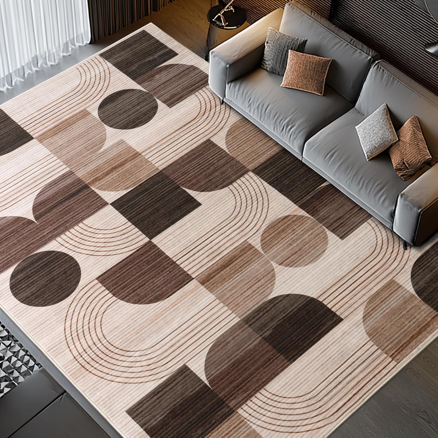 Large Machine Washable 6x9 Area Rug, Soft Modern Geometric Abstract Brown Rugs for Bedroom Living Room, Non-Shedding Faux Wool Indoor Throw Floor Carpet for Office Entryway Dining Room Decor