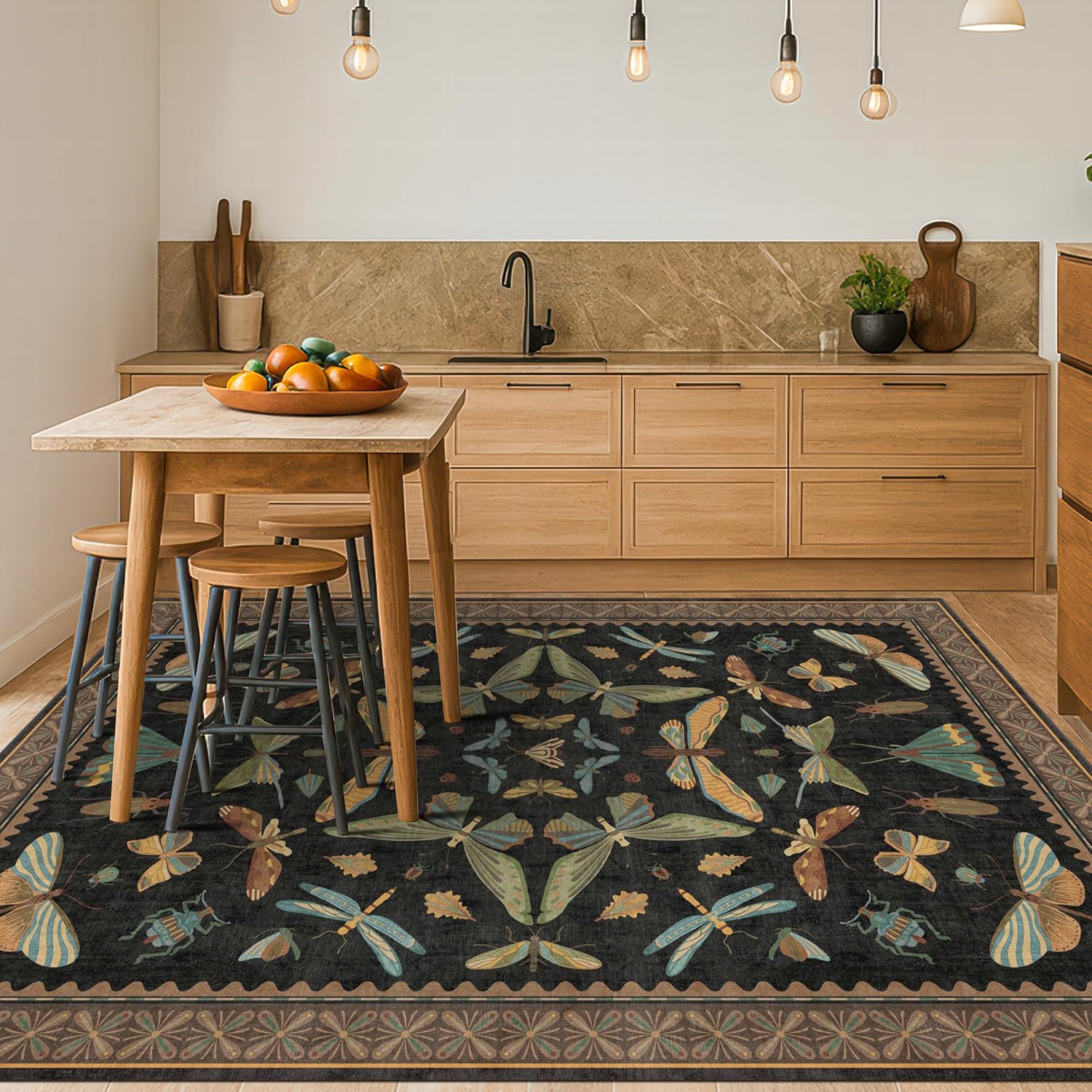 Living Room Rug Black Boho 6x9 - Dining Room Rugs for Under Table, Bedroom, Insect Bug Eclectic Home Décor, Washable Non Slip Foldable