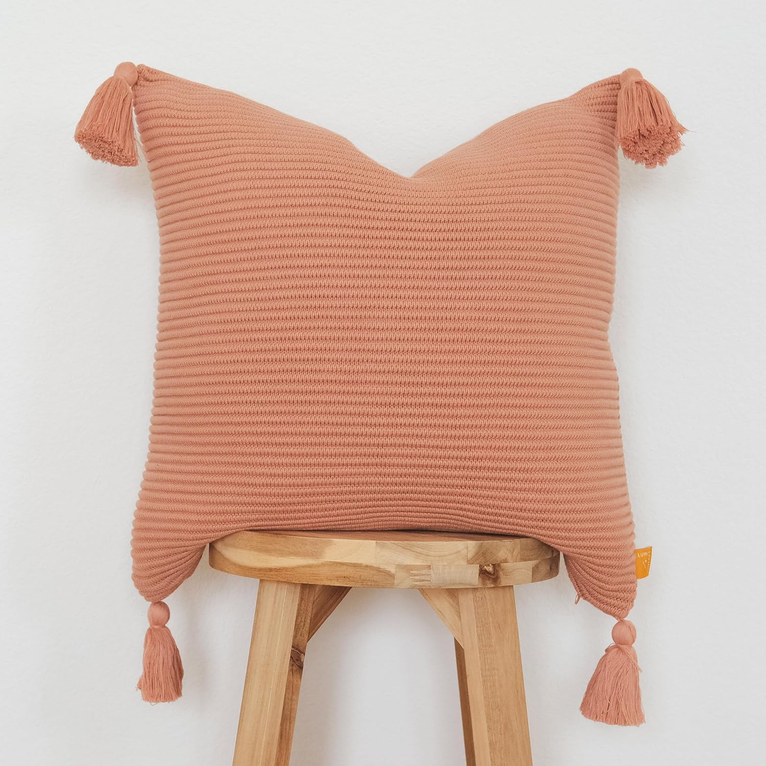 Soft Cotton Throw Pillow Cover in Neutral Beige with Ribbed Knit Texture and Tassel Corners Decorative Accent for Couch or Bed (20x20, Neutral)