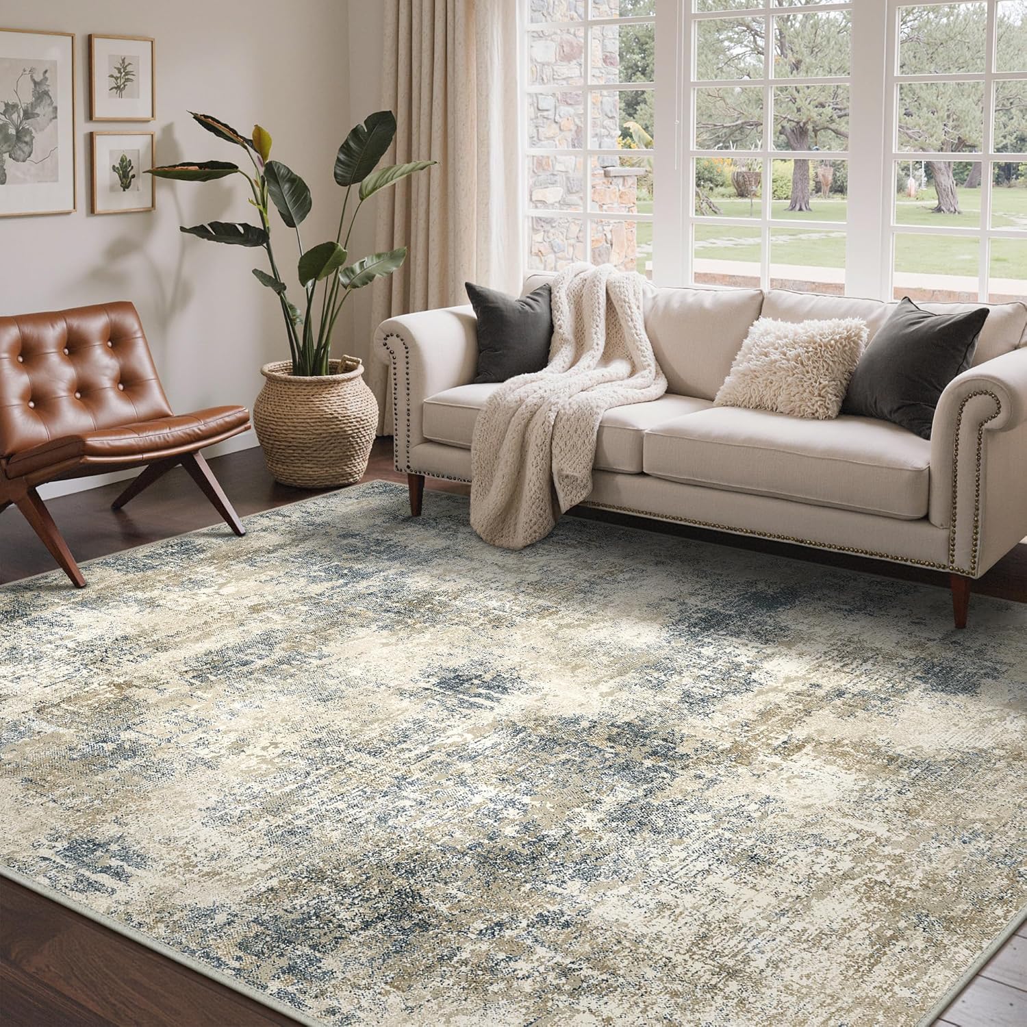 Machine Washable Rug 8x10 Area Rugs for Living Room Bedroom, Large Turquoise Abstract Area Rug Soft Throw Rugs, Low-Pile Floor Carpet with Non Slip Rubber Backing