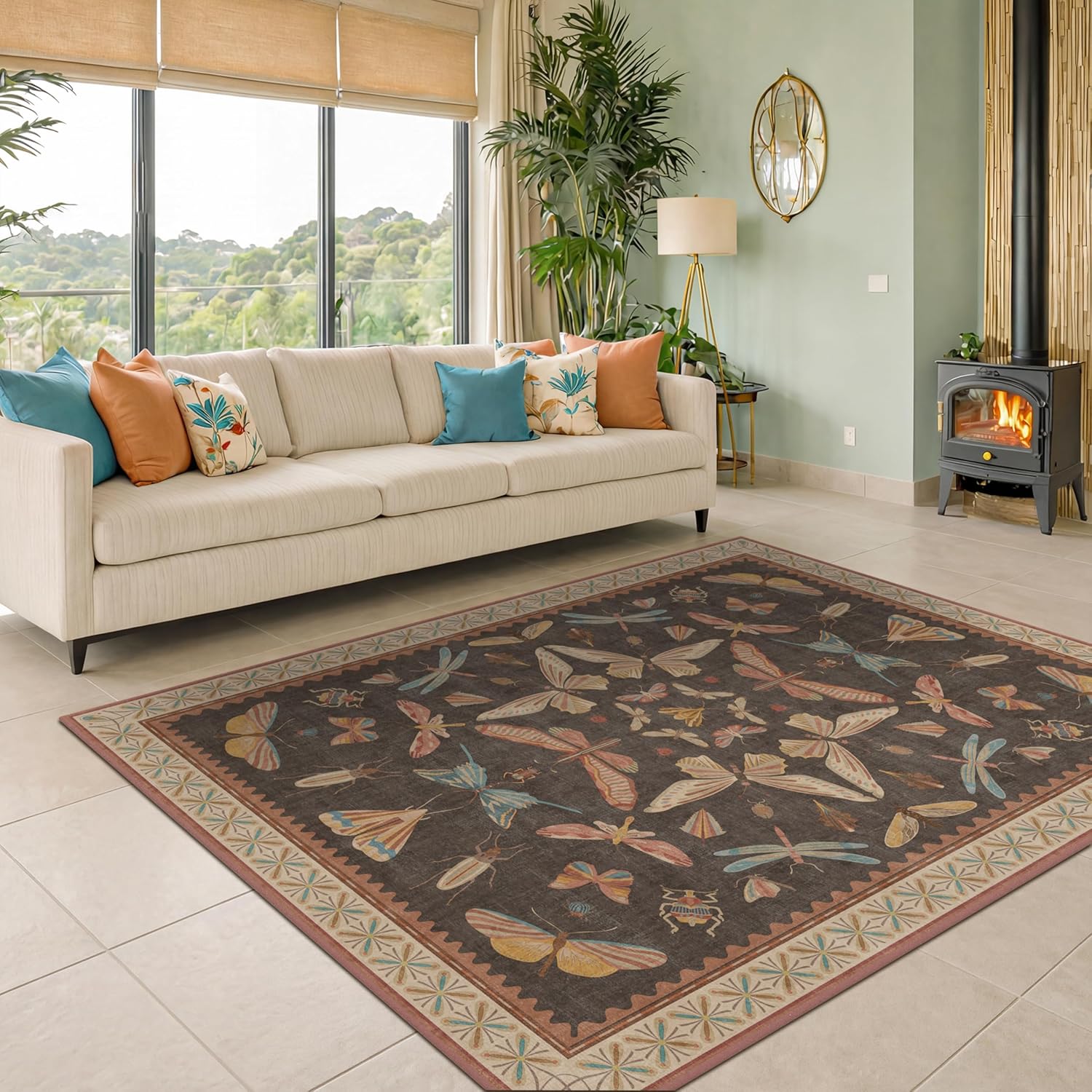 Living Room Rug Black Boho 6x9 - Dining Room Rugs for Under Table, Bedroom, Insect Bug Eclectic Home Décor, Washable Non Slip Foldable