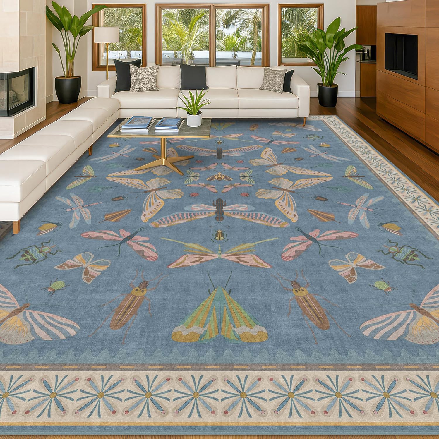 Living Room Rug Black Boho 6x9 - Dining Room Rugs for Under Table, Bedroom, Insect Bug Eclectic Home Décor, Washable Non Slip Foldable