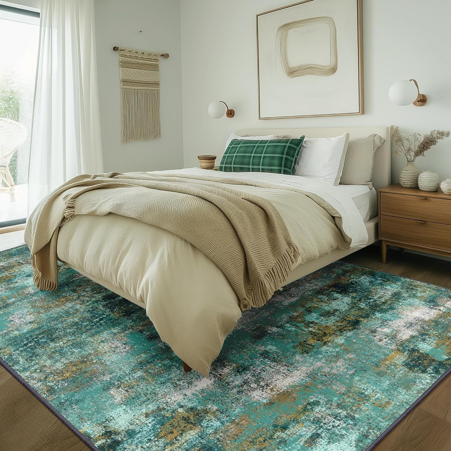 Machine Washable Rug 8x10 Area Rugs for Living Room Bedroom, Large Turquoise Abstract Area Rug Soft Throw Rugs, Low-Pile Floor Carpet with Non Slip Rubber Backing