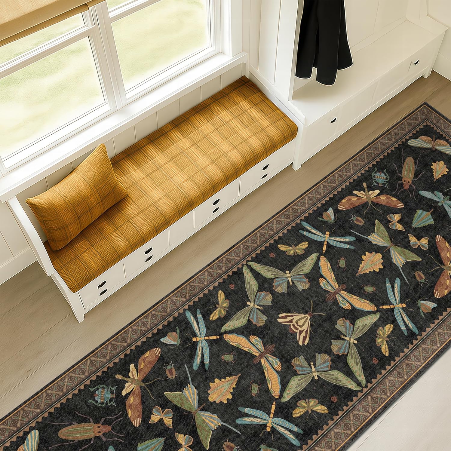 Living Room Rug Black Boho 6x9 - Dining Room Rugs for Under Table, Bedroom, Insect Bug Eclectic Home Décor, Washable Non Slip Foldable