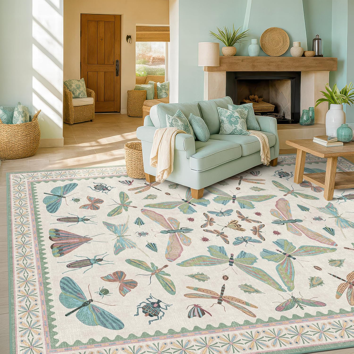 Living Room Rug Black Boho 6x9 - Dining Room Rugs for Under Table, Bedroom, Insect Bug Eclectic Home Décor, Washable Non Slip Foldable