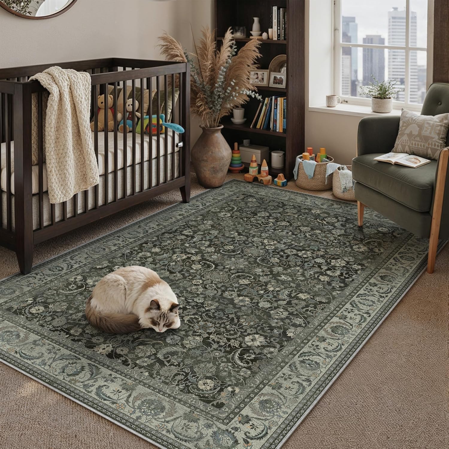 Green 8x10 Area Rug for Living Room Vintage Machine Washable Large Rug Non-Slip Soft Low Pile Carpet Floral Stain Resistant Indoor Office Throw Rug for Bedroom Dining Room Nursery