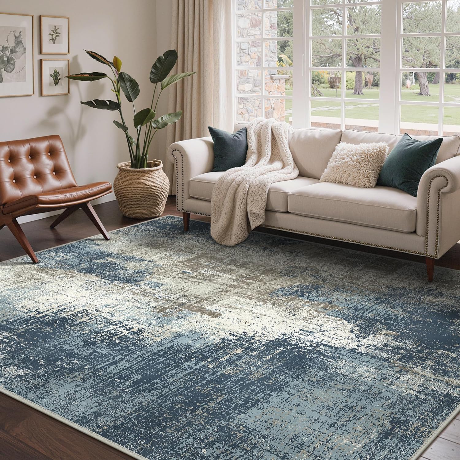 Machine Washable Rug 8x10 Area Rugs for Living Room Bedroom, Large Turquoise Abstract Area Rug Soft Throw Rugs, Low-Pile Floor Carpet with Non Slip Rubber Backing