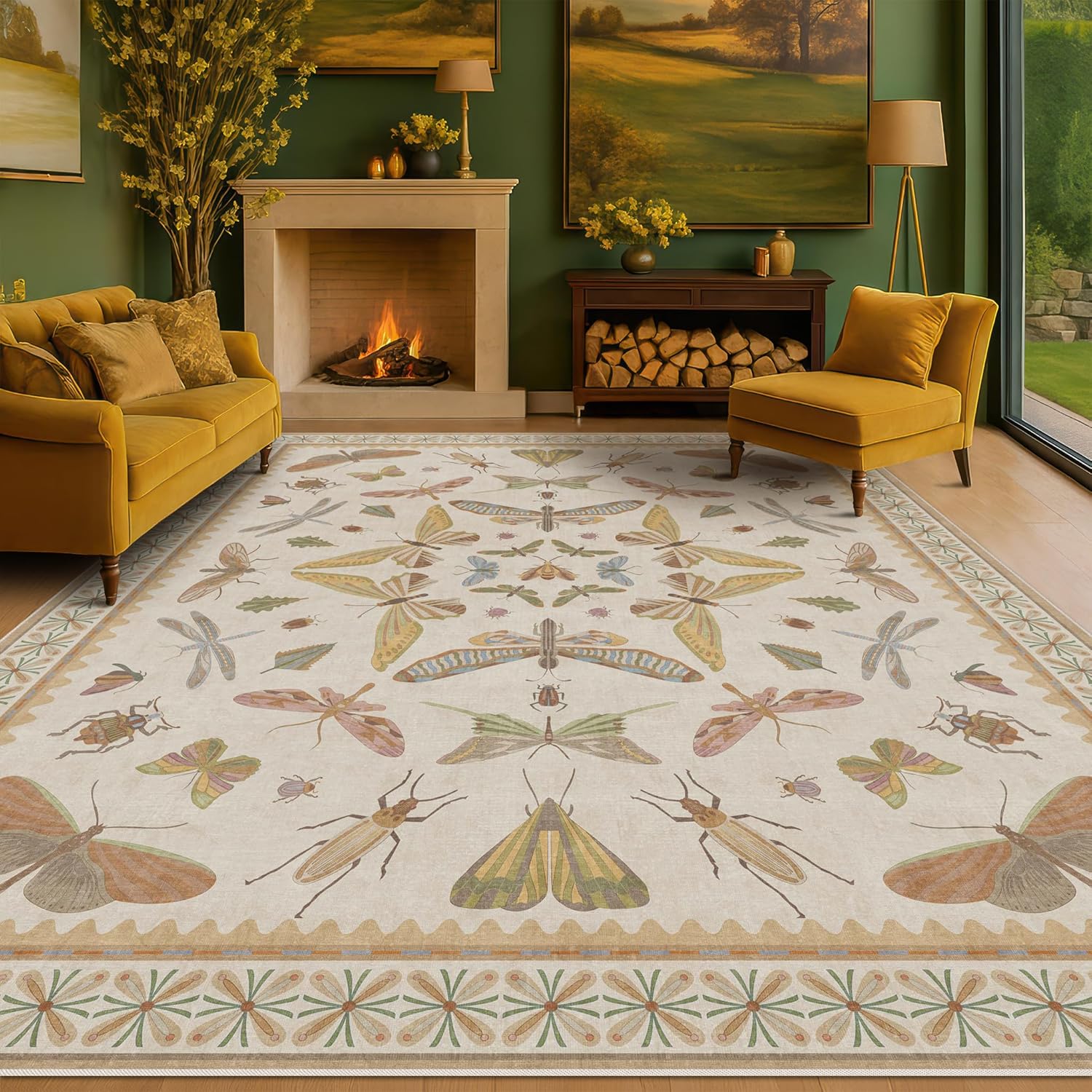 Living Room Rug Black Boho 6x9 - Dining Room Rugs for Under Table, Bedroom, Insect Bug Eclectic Home Décor, Washable Non Slip Foldable