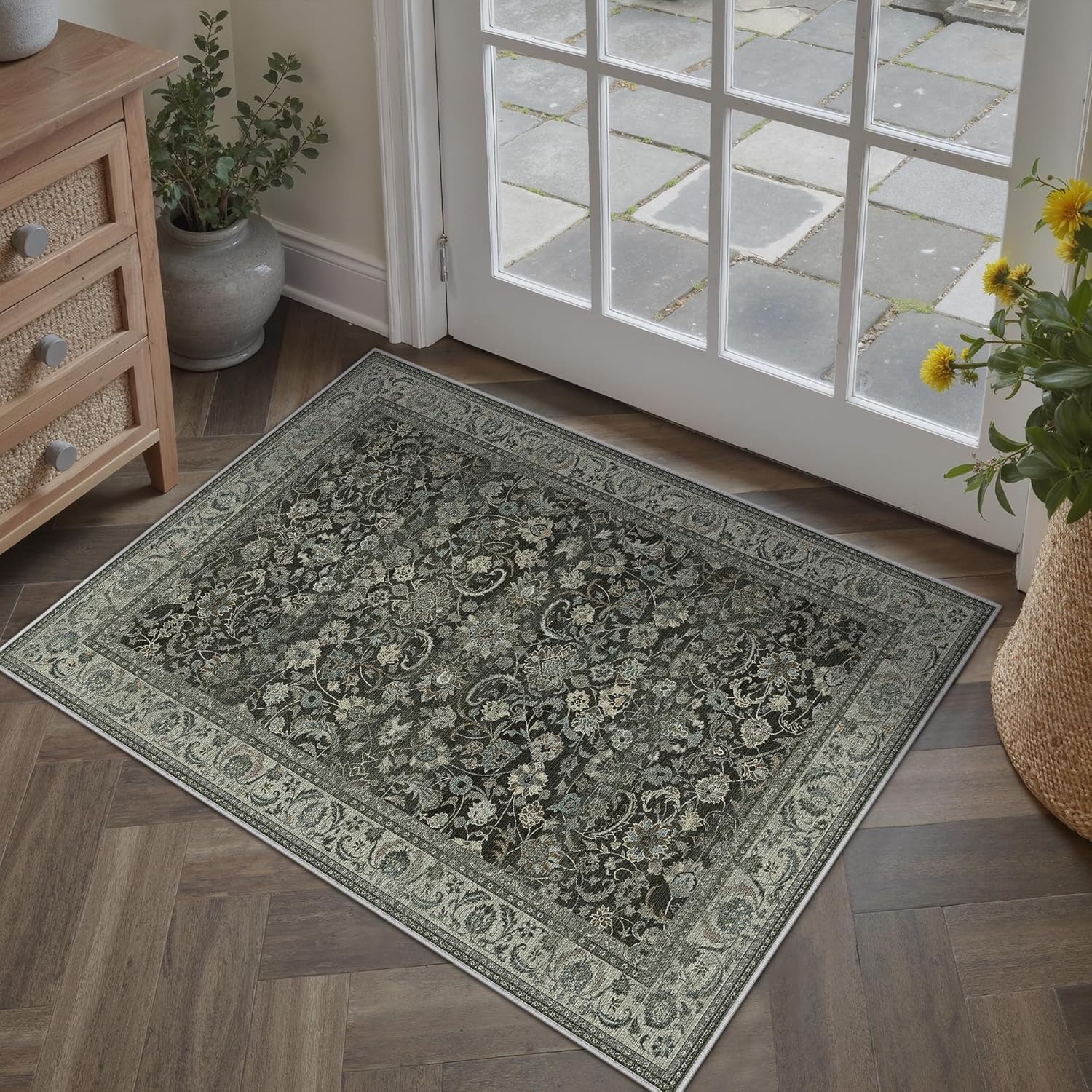 Green 8x10 Area Rug for Living Room Vintage Machine Washable Large Rug Non-Slip Soft Low Pile Carpet Floral Stain Resistant Indoor Office Throw Rug for Bedroom Dining Room Nursery