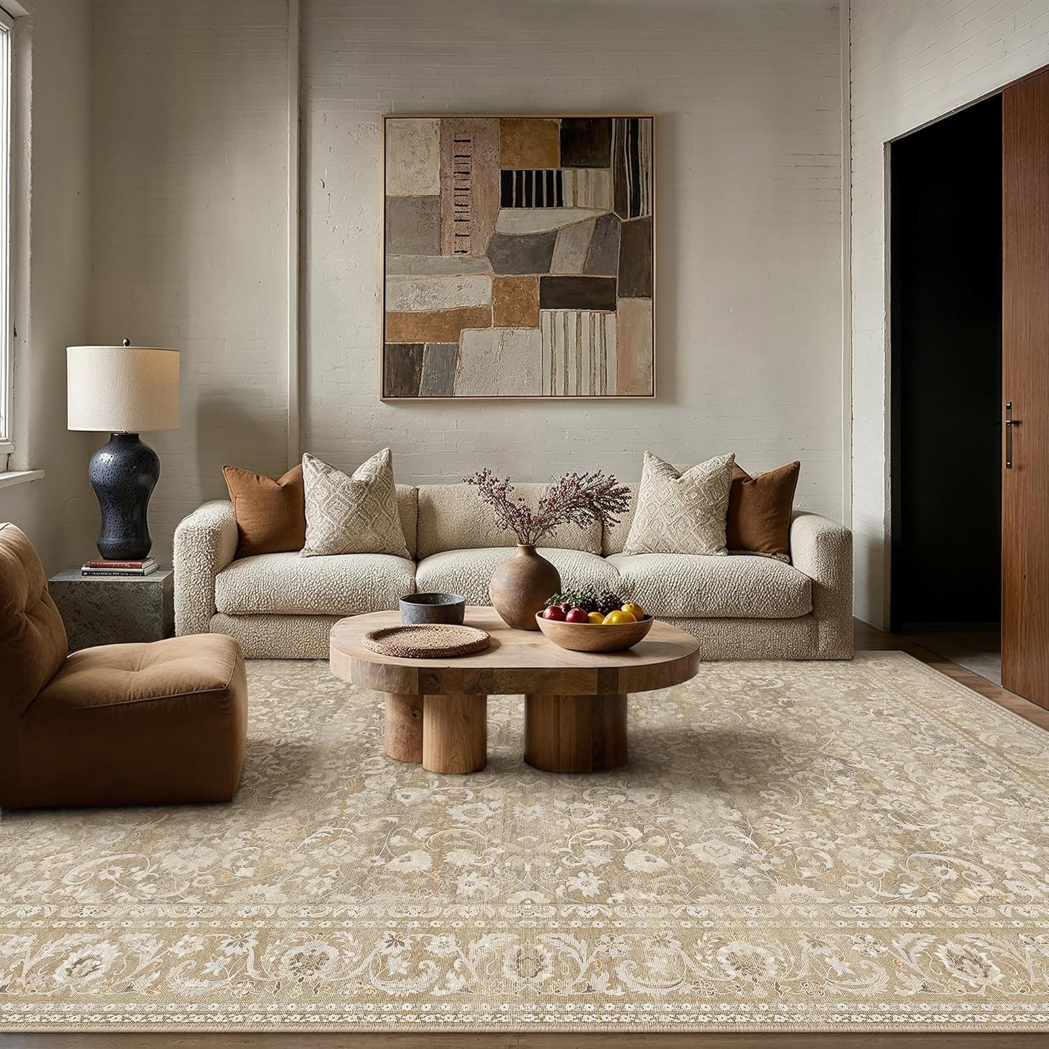 Green 8x10 Area Rug for Living Room Vintage Machine Washable Large Rug Non-Slip Soft Low Pile Carpet Floral Stain Resistant Indoor Office Throw Rug for Bedroom Dining Room Nursery