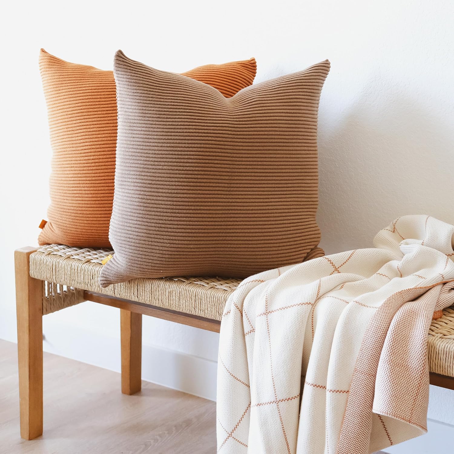 100% Soft Cotton Raised Stripes Textured Rib Knit Throw Pillow Cover (Cacao, 20" x 20")