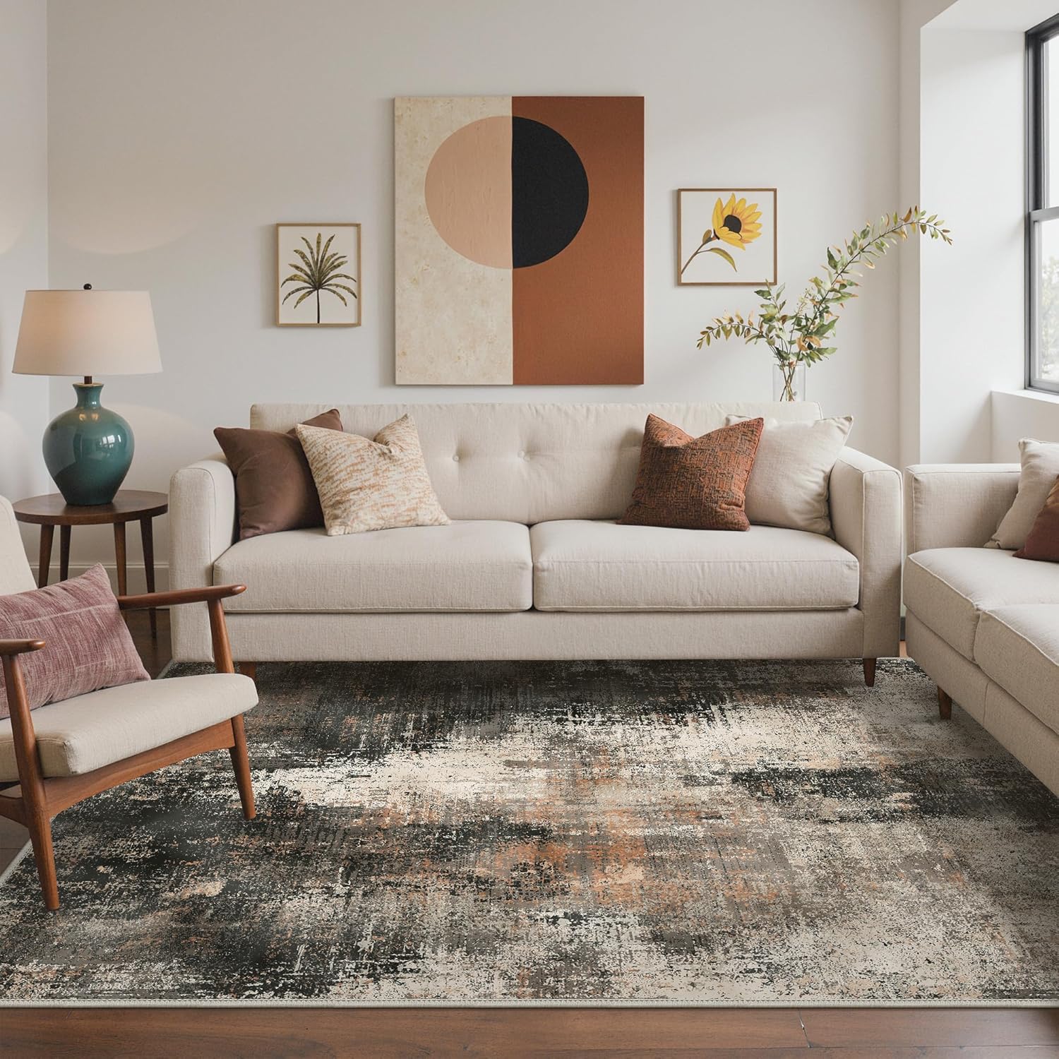 Machine Washable Rug 8x10 Area Rugs for Living Room Bedroom, Large Turquoise Abstract Area Rug Soft Throw Rugs, Low-Pile Floor Carpet with Non Slip Rubber Backing